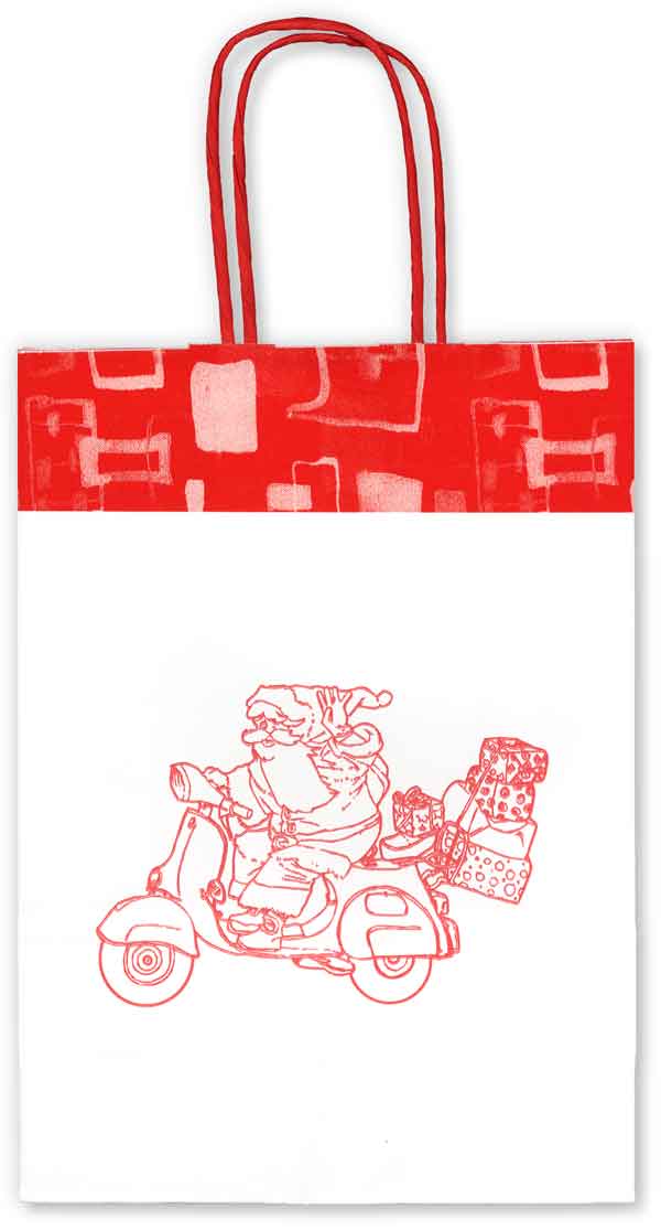 Bolsa de papel con Santa Claus sobre Vespa.