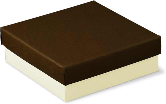 Cajita de cartón color crema con tapa suelta marrón.