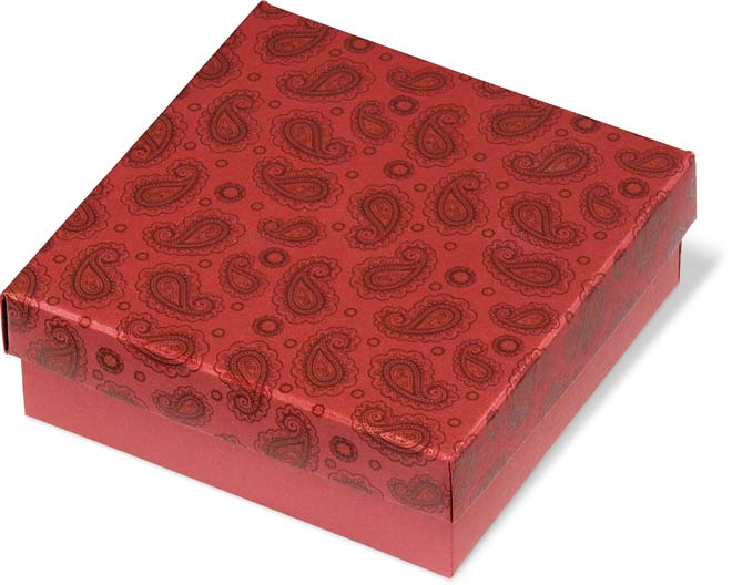 Cajita de cartón rojo, con tapa suelta impresa con diseño cachemir.