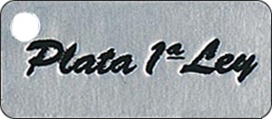 Etiqueta de cartulina plateada impresa 'Plata 1ª Ley'.